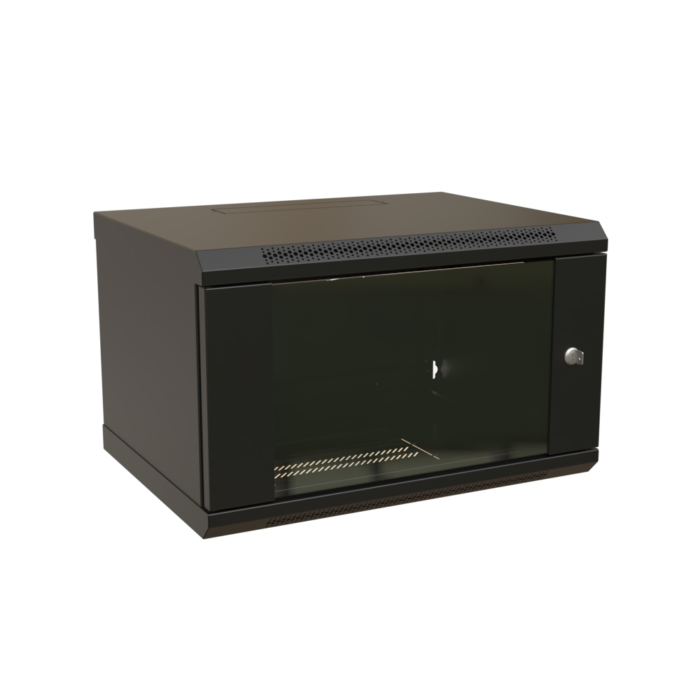 Шкаф настенный 19-дюймовый (19"), 6U, 367x600х600мм, стеклянная дверь, цвет черный (RAL 9004) (разобранный) WRline WR-TW-0666-GP-RAL9004 