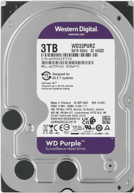 Жесткий диск 3.5" 3TB WD Purple (WD33PURZ) (5400об/м, 256MB, SATA600, для систем видеонаблюдения до 64 камер в режиме 24x7, AF 4Kn) OEM