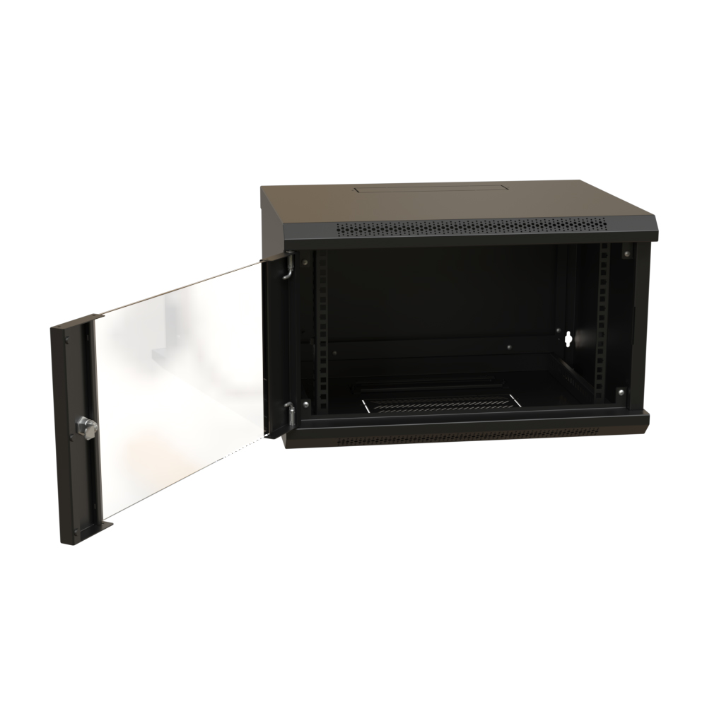 Шкаф настенный 19-дюймовый (19"), 6U, 367x600х600мм, стеклянная дверь, цвет черный (RAL 9004) (разобранный) WRline WR-TW-0666-GP-RAL9004 