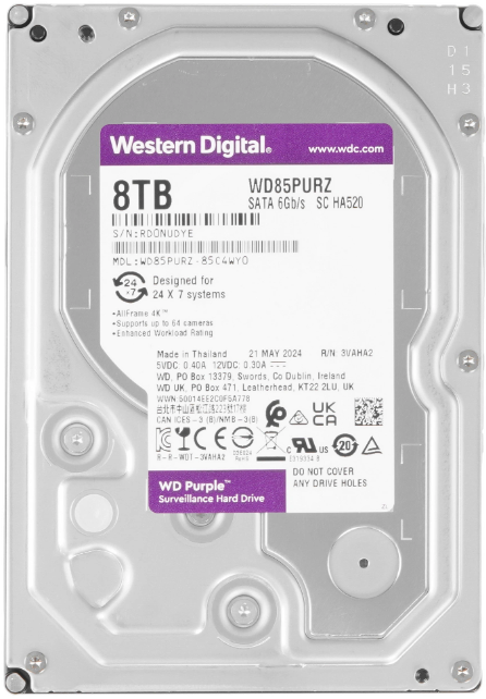 Жесткий диск 3.5" 8TB WD Purple (WD85PURZ) (5640об/м, 256MB, SATA600, для систем видеонаблюдения до 64 камер в режиме 24x7, AF 4Kn, CMR) OEM