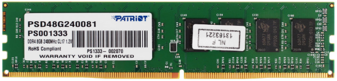 Память DIMM DDR4 8GB (PC4-19200, 2400MHz) Patriot (1шт x 8ГБ, CL 17-17-17, 1.2В, SR x8, высота 30 мм) [ PSD48G240081 ]